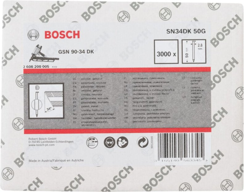 D-Kopf Streifennagel SN34DK 50G, 2,8 mm, 50 mm, verzinkt, glatt, 3000er-Pack - Bosch