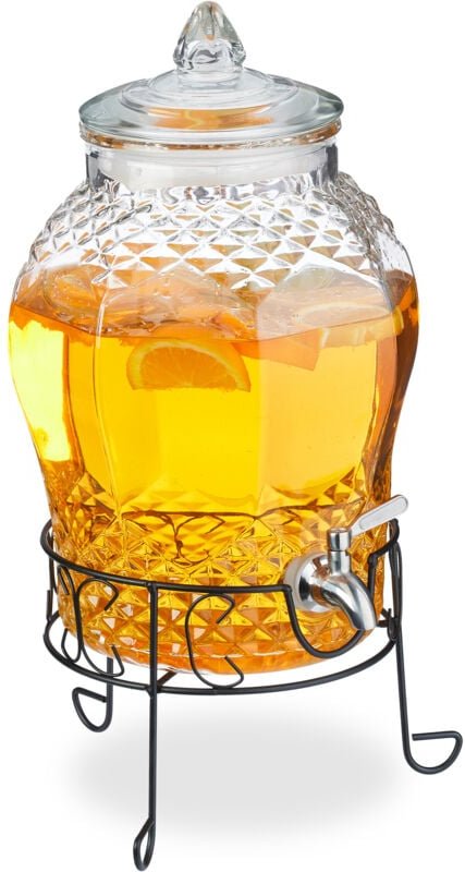 Getränkespender mit Ständer, Limobehälter 8L, Edelstahl Zapfhahn & Deckel, Wasserspender, Glas, transparent - Relaxdays