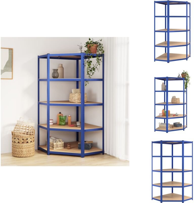 Eckregal mit 5 Böden Blau Stahl & Holzwerkstoff - Eckregal - Industrielles Regal - Metallregal - Lagerschrank - Werkzeug...