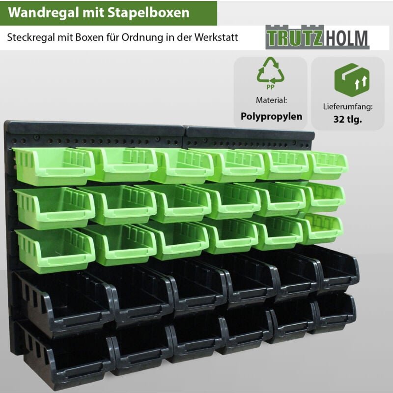 32tlg Stapelboxen mit Wandregal Set für Werkstatt Lager Schraubenbox Schütten zum Beschriften