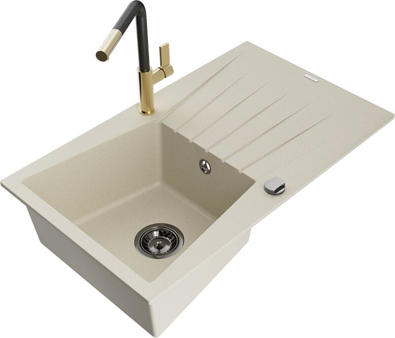 Cesar 1 Becken-Granitspüle mit Abtropffläche und Mischbatterie Flora, Beige - 6514-69-670401-5 - Mexen