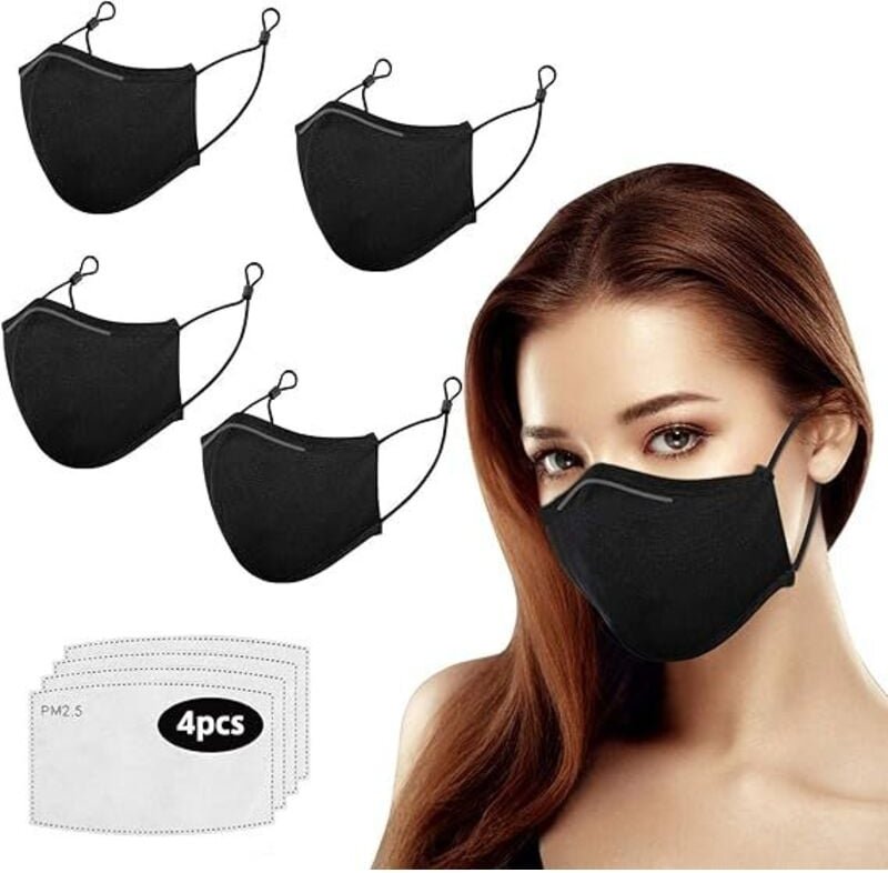 4x WIEDERVERWENDBARE GESICHTSMASKEN SCHWARZ + 4x FILTER