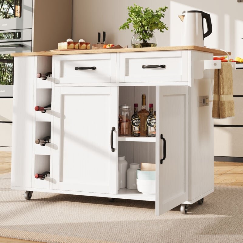 Kücheninsel, Küchenwagen mit Steckdosenleiste, Küchenschrank, abnehmbarer Servierwagen mit Weinregal, Buffetschrank, Ess...