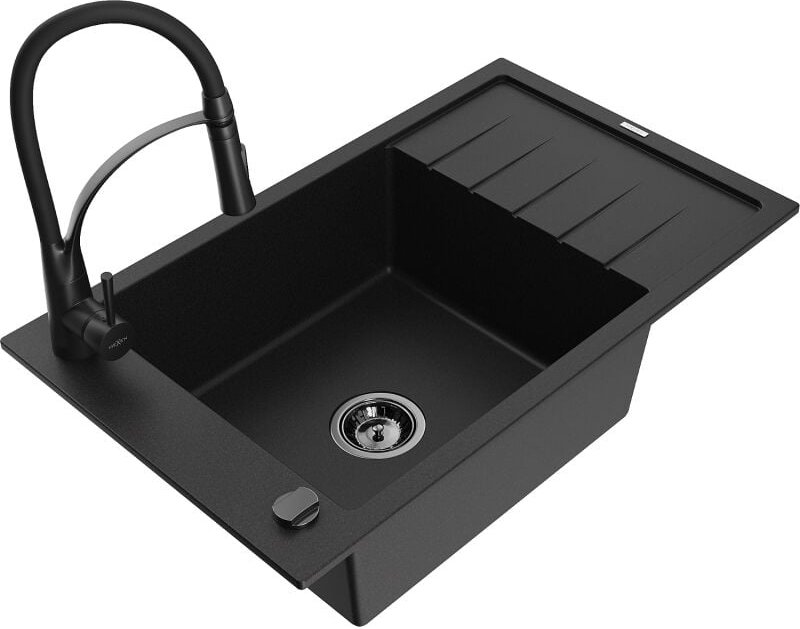 Elias 1 Becken-Granitspüle mit Abtropffl√§che und Mischbatterie Aster, Schwarz - 6511-77-73450-70-B - Mexen