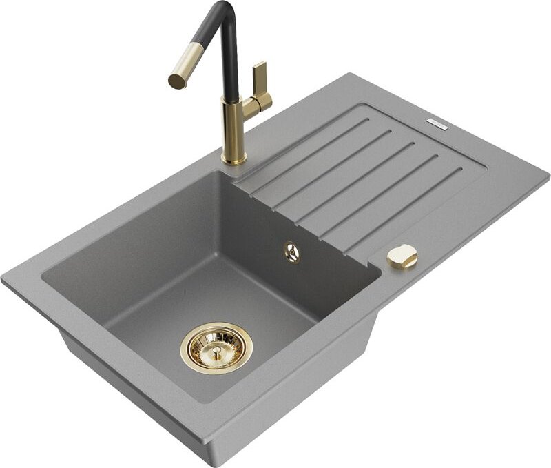 Pablo 1 Becken-Granitspüle mit Abtropffläche und Mischbatterie Flora, Grau - 6510-71-670401-57 - Mexen