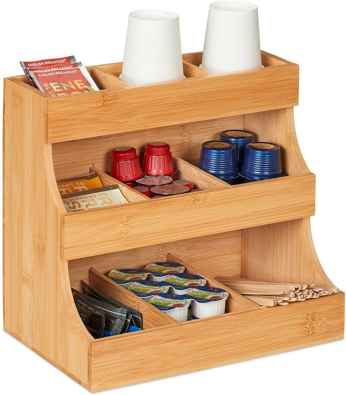 Kaffee Organizer, 9 Fächer, Bambus, hbt: 24 x 26,5 x 17,5 cm, Kaffeestation & Teebeutel Aufbewahrung, natur - Relaxdays