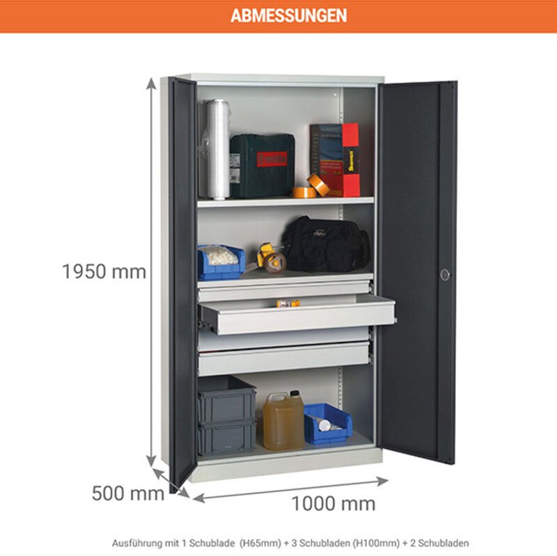 Werkstattschränke - 4 Schubladen + 4 Regalböden - RAL 7016 - W030090016-GCGA