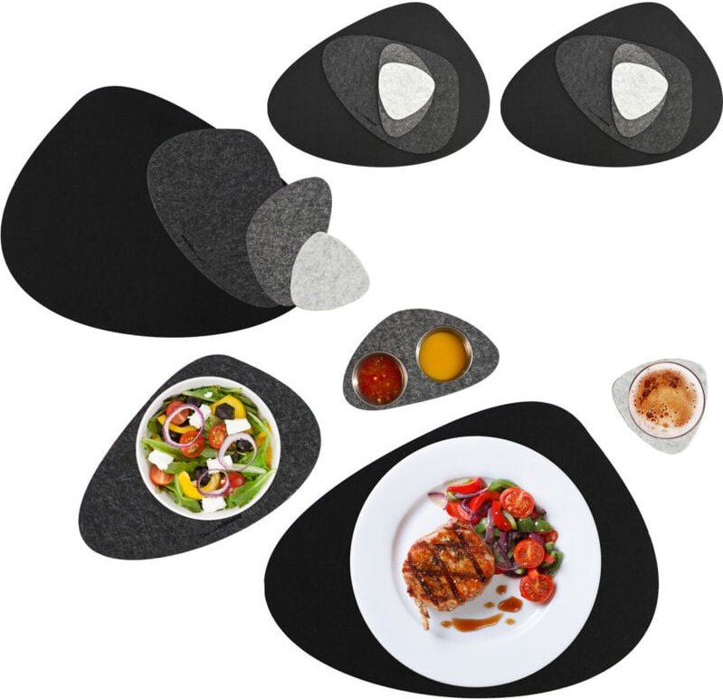 Dunedesign - Flusskiesel Tischset Filz 16 Teile Platzset + Untersetzer für 4 Abwaschbar Grau