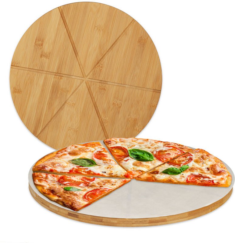 Relaxdays - Pizzabrett Bambus 2er Set, runde Pizzateller 33 cm ø, inkl. Backpapier, Pizza Schneidebrett mit Rillen, natu...