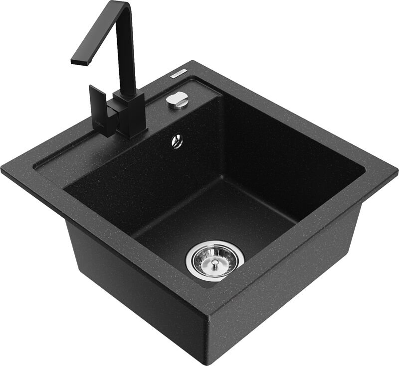 Mexen Vito 1-Becken-Granit-Spüle mit Mischbatterie Rita, Schwarz/Silbermetallic - 6503-73-670300-70