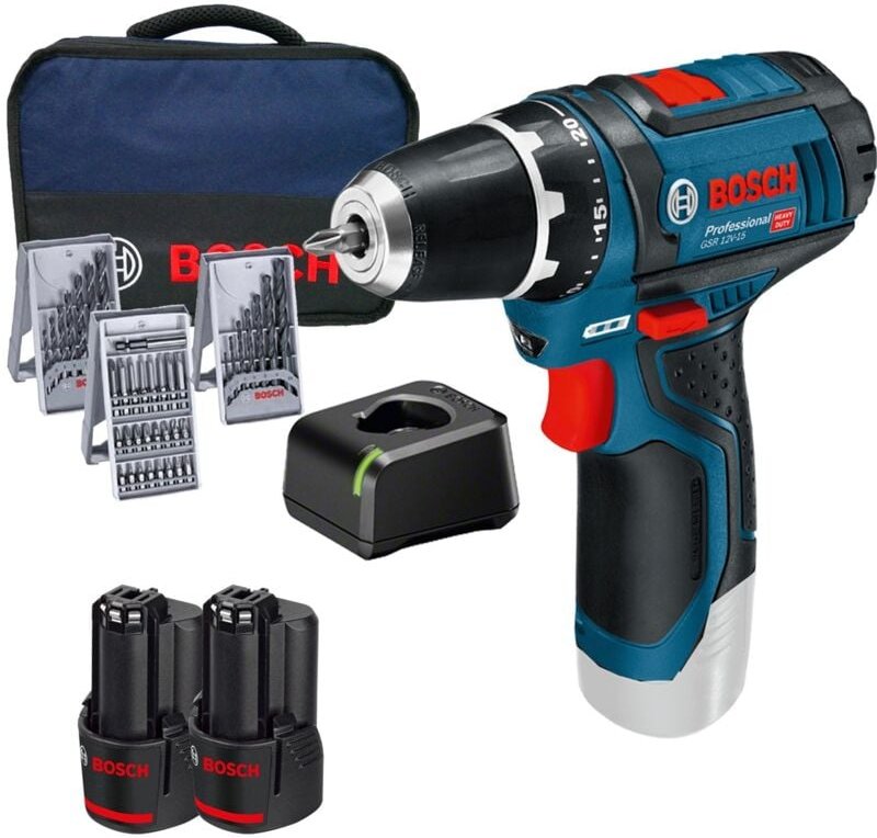 Akku-Bohrschrauber gsr 12V-15 / 2x 3,0 Ah Akku + Ladegerät inkl. Bit und Bohrer-Set 39tlg. im Softbag - 0615990GA9-II - ...