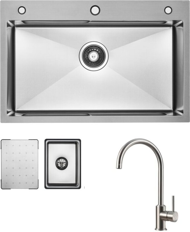 Thumbnail - Küchenspüle aus Edelstahl 70x45cm Gebürstete Mit Abtropffläche + Hochdruck-Küchenarmatur Gebürstete Küche Wasserhahn Hoh...