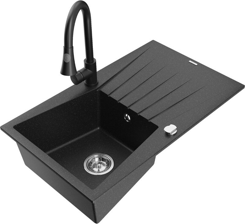 Mexen Cesar 1 Becken-Granitspüle mit Abtropffläche und Mischbatterie Elia, Schwarz/Silbermetallic -