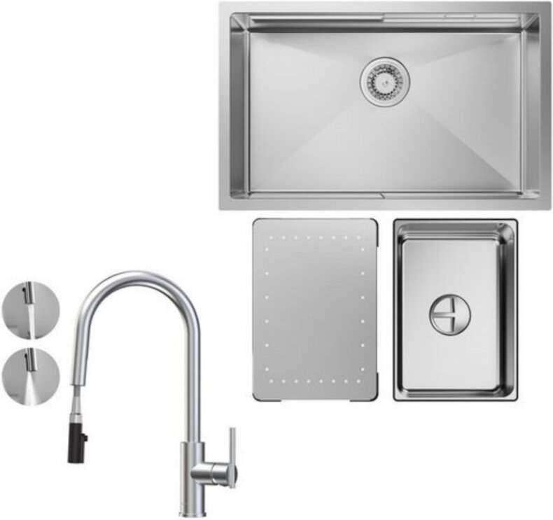 Küchenspüle 1.5 Becken 70x44cm EdelstahlSpüle Gebürstete Unterbauspüle + Ausziehbarer Küchenarmatur gebürstete Mit 2 Str...