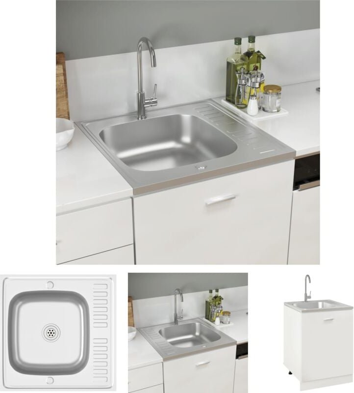 The Living Store Spüle mit Abtropffläche Set Silbern 600x600x155 mm Edelstahl - Küchenspülen & Spülbecken - Silber