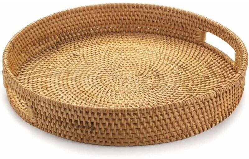 Mumu - Rundes Rattan-Serviertablett, Korbgeflecht-Serviertablett mit ausgeschnittenen Griffen, geflochtener Obst-/Brot-S...