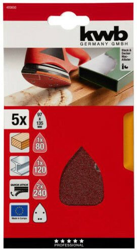 KWB - Satz von 5 Schleifdreiecken mit Spezialform 136 x 96 mm - 93 mm - Korn 80-120-240