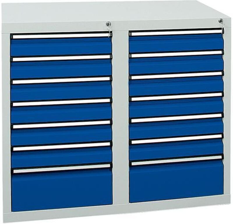 Schubladenschrank Serie sts 410, 14 Schubladen enzianblau (12x100, 2x200mm) - Stumpf