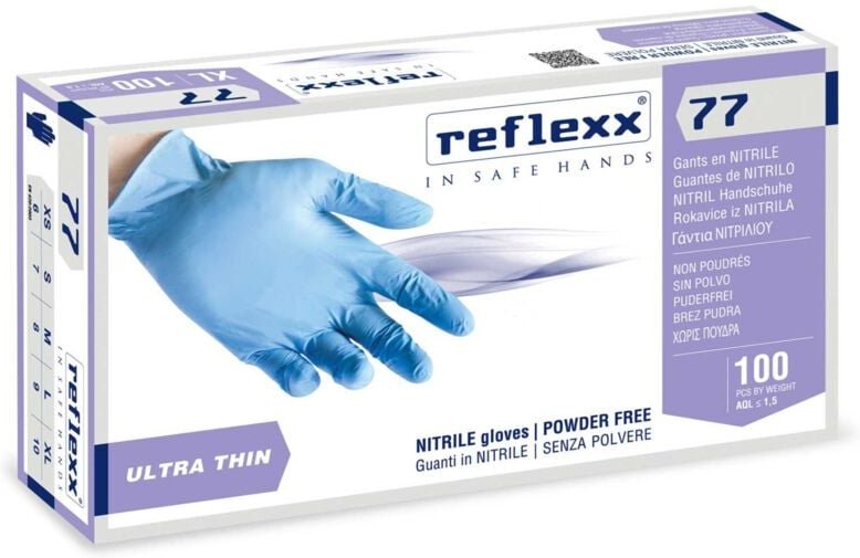 R77100 Nitrilhandschuhe ohne Puder, 100 % latexfrei, 3 g, Kat.3, 100 Stück, l - Reflexx