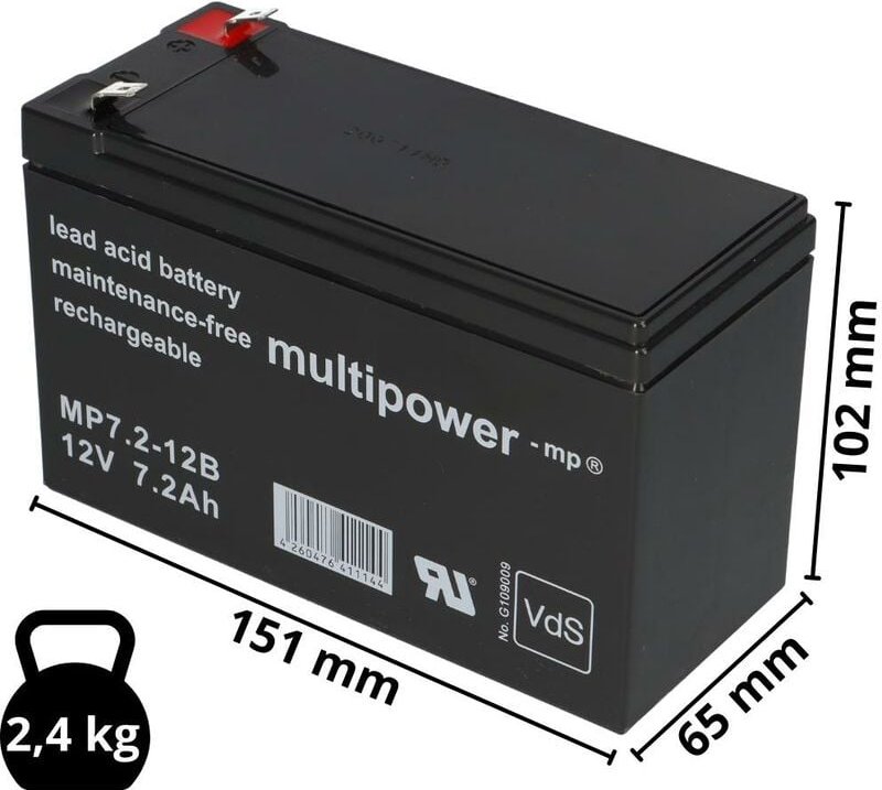 Multipower - Blei-Akku MP7,2-12B Pb 12V / 7,2Ah + Ladegerät