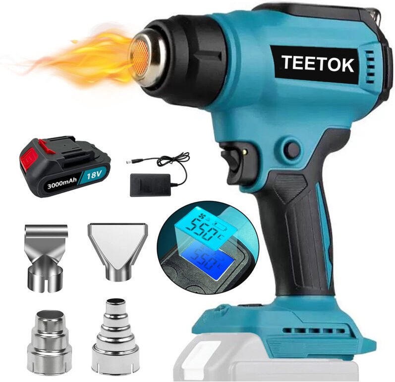 Thumbnail - Teetok - Heißluftpistolen, kabellose Hand-Heißluftpistole, 2 Temperaturen, LCD-Display, 30 °c – 550 °c, 4 Düsen zum Schr...