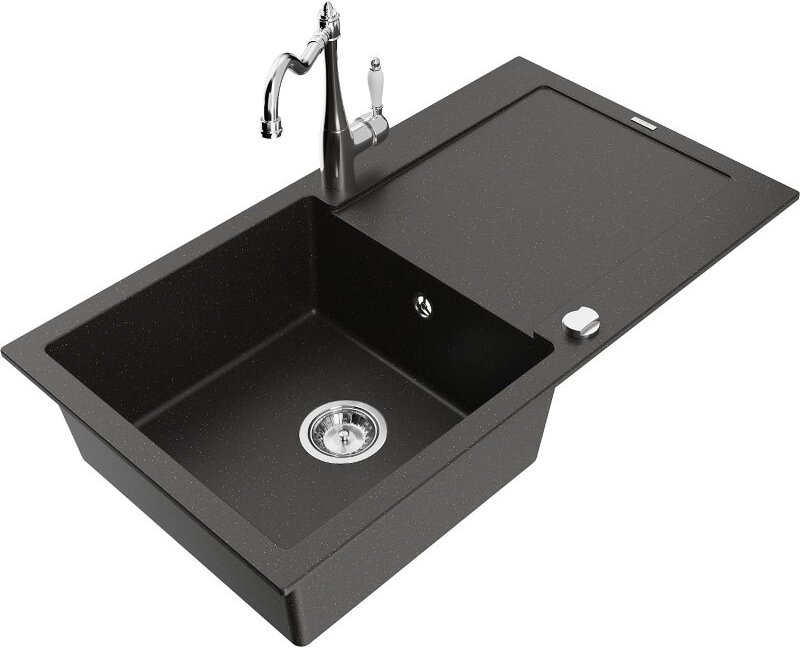 Leo 1 Becken-Granitspüle mit Abtropffl√§che und Mischbatterie Carla, Schwarz/Gold metallisch - 6501-75-670700-00 - Mexen