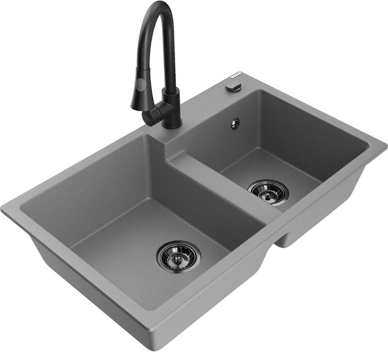 Mexen Tomas 2-Becken-Granitspüle mit Mischbatterie Elia, Grau - 6516-71-670101-70-B