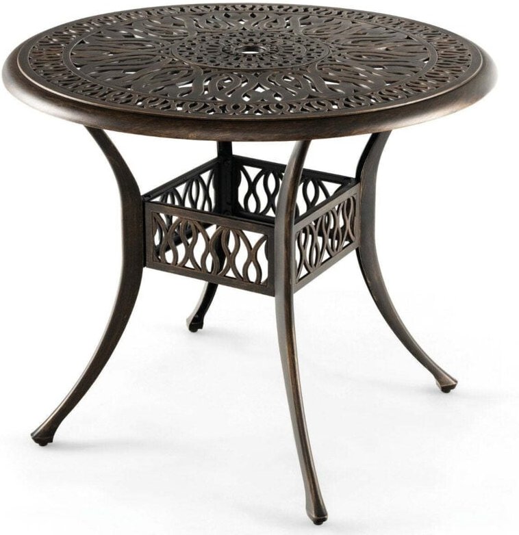 Runder terrassen esstisch bistrotisch aus aluminiumguss mit schirmloch 90 x 74 cm braun