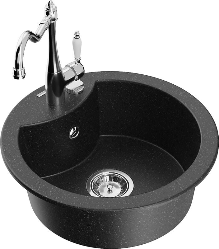 Diego 1-Becken-Granit-Spüle mit Mischbatterie Carla, Schwarz/Silbermetallic - 6512-73-670700-0 - Mexen