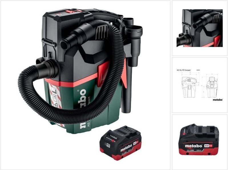 Metabo AS 18 L PC Compact Akku Sauger 18 V 6 l IPX4 Staubklasse L Nass und Trocken + 1x Akku 5,5 Ah - ohne Ladegerät