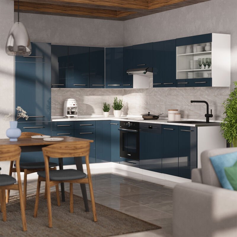 Vicco - Eckküche Fame-Line, Dunkelblau Hochglanz/Weiß, 287 x 227 cm , ap Anthrazit