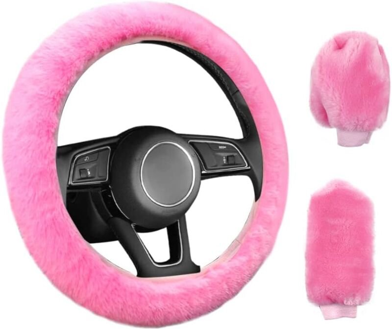 Thumbnail - Ersandy - 3 Stück Auto-Lenkradbezug, rutschfest, elastisch, universell, rosa Plüsch, Auto-Lenkradbezug mit Handbremse un...