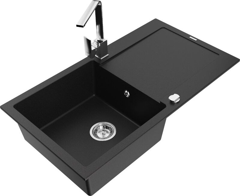 Leo 1 Becken-Granitspüle mit Abtropffläche und Mischbatterie Rita, Schwarz - 6501-77-670300-00 - Mexen