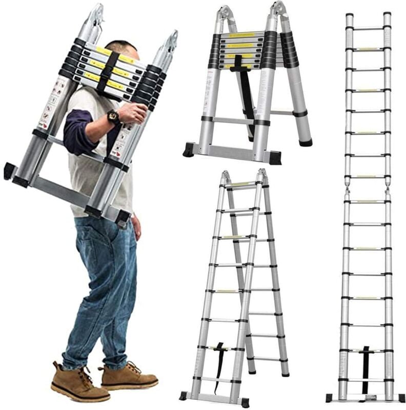 16.5FT Aluminium Teleskopleiter (2.5+2.5M)5M Mehrzweck Ausziehbare Trittleiter A-Rahmenleiter Schwere 150kg Tragfähigkei...