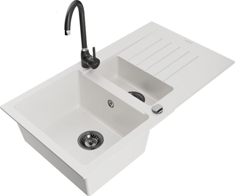 Matias 1,5-Becken-Granitspüle mit Abtropffläche und Mischbatterie Telma, Weiß - 6502-20-670200 - Mexen