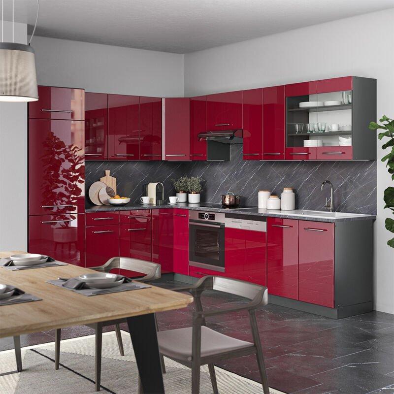 Vicco - Eckküche Fame-Line, Bordeaux Hochglanz/Anthrazit, 227 x 60 cm ohne Arbeitsplatte