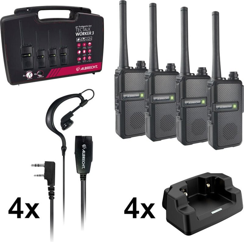 4er Kofferset Tectalk Worker 3, PMR446 inkl. Einzel-Standlader, 2200mAh Akkus, Headsets - Albrecht