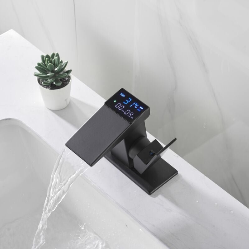 Ahlsen Wasserfall-Wasserhahn, digitale Anzeige, Wasserkraft-Beckentemperaturanzeige, digitaler Wasserhahn, schwarz, eint...