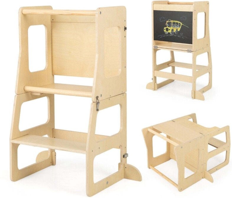 Thumbnail - 3 in 1 kinder lernturm klappbarer tritthocker tafel kindertisch set ab 1 jahr stehturm natur
