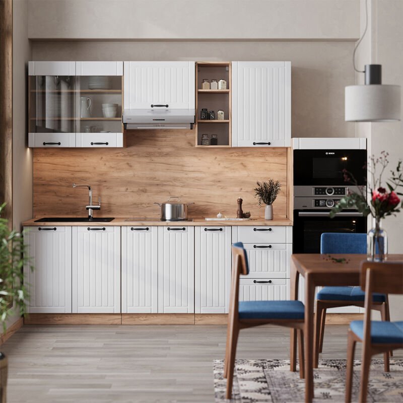 Küchenzeile Fame-Line, Weiß Landhaus, 280 cm , AP Anthrazit, Vicco