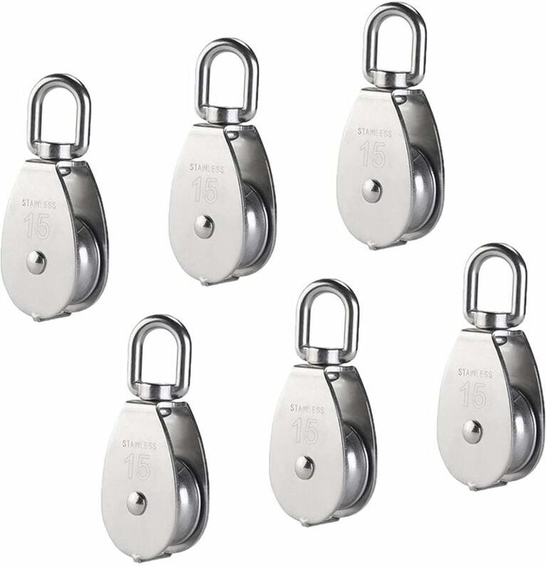 Einzelrolle aus Edelstahl 304, Einzelrollen-Rollenblock, Kran-Drehhaken, glattes Drahtseil, Kabelbeladung (6 Stück)