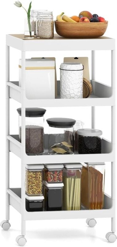 GOPLUS Rollwagen mit 4 Ebenen, Servierwagen mit herausnehmbarem Tablett, Badregal, Küchenregal, Aufbewahrungswagen, Küch...