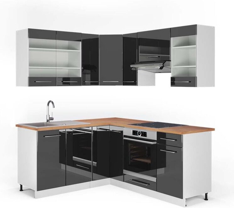 Vicco - Eckküche Fame-Line, Anthrazit Hochglanz/Weiß, 160 x 190 cm , ap Eiche
