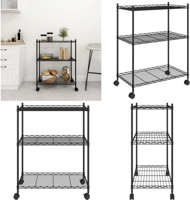 Lagerregal mit 3 Böden und Rollen 60x35x81 cm Schwarz 150 kg - Industrieregal - Metallregal - Lageregel - Werkzeugschran...