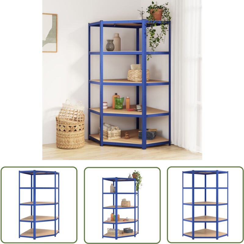 Eckregal mit 5 Böden Blau Stahl & Holzwerkstoff - Eckregal - Industrielles Regal - Metallregal - Lagerschrank - Werkzeug...