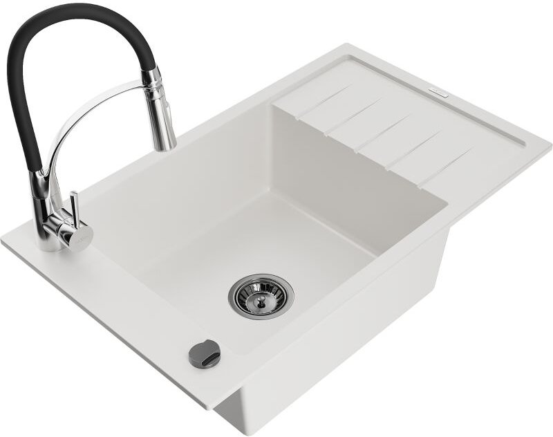 Elias 1 Becken-Granitspüle mit Abtropffl√§che und Mischbatterie Aster, Wei√ü - 6511-20-73450-07-B - Mexen