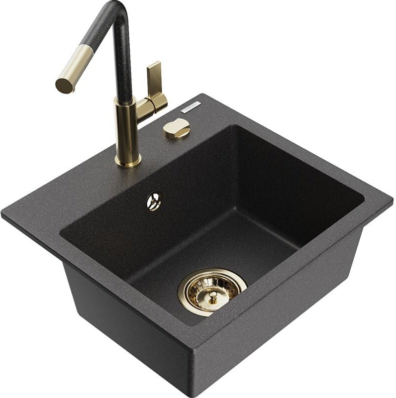 Mexen Milo 1-Becken-Granitspüle mit Mischbatterie Flora, Schwarz gesprenkelt - 6505-76-670401-75-G