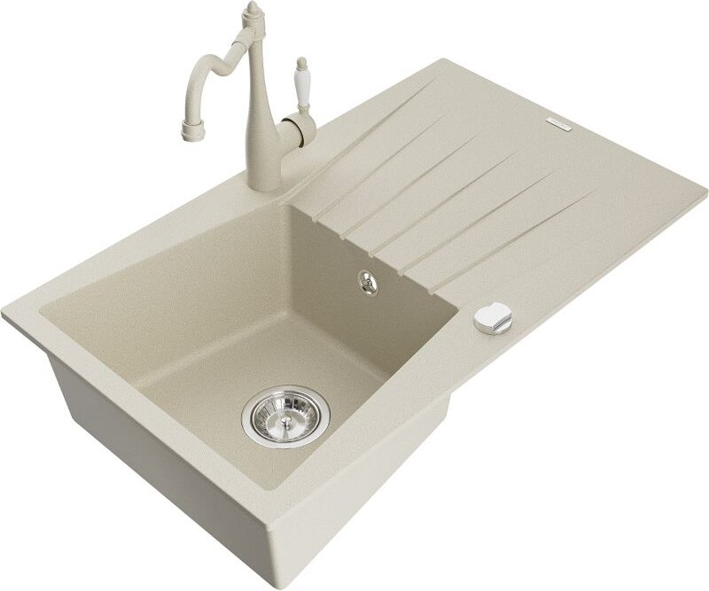 Cesar 1 Becken-Granitspüle mit Abtropffl√§che und Mischbatterie Carla, Beige - 6514-69-670700-69 - Mexen