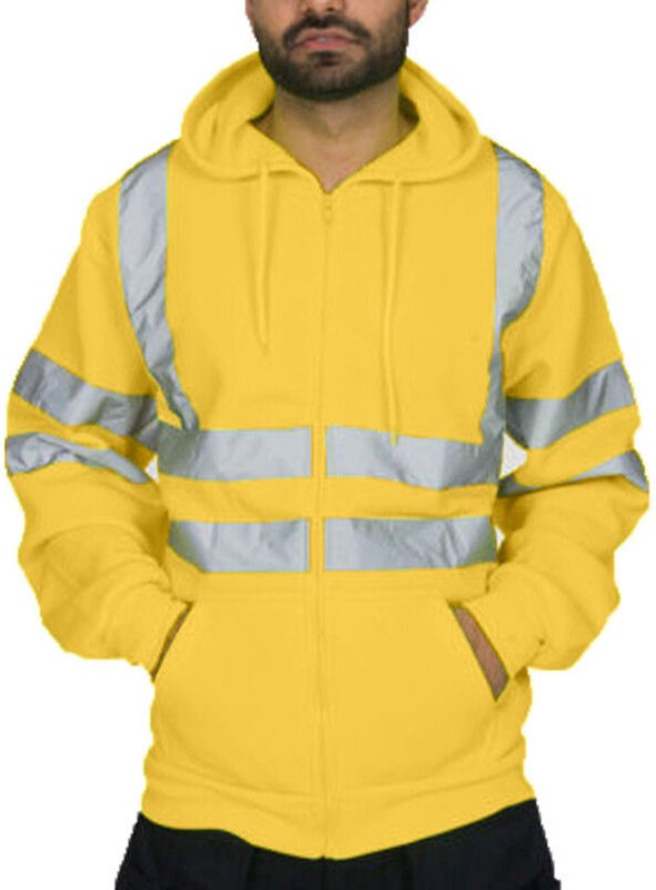Sicherheitssweatshirt mit Reißverschluss und Kapuze, reflektierende Arbeitsjacke, warme Fleece-Thermojacke – Gelb – XXL ...