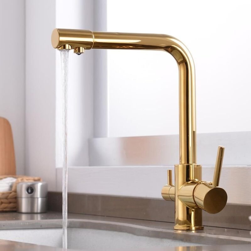 Dreiwege-Küchenarmatur, Goldfilter-Küchenarmatur, 360° drehbare Küchenarmatur mit 2 Griffen (Gold)